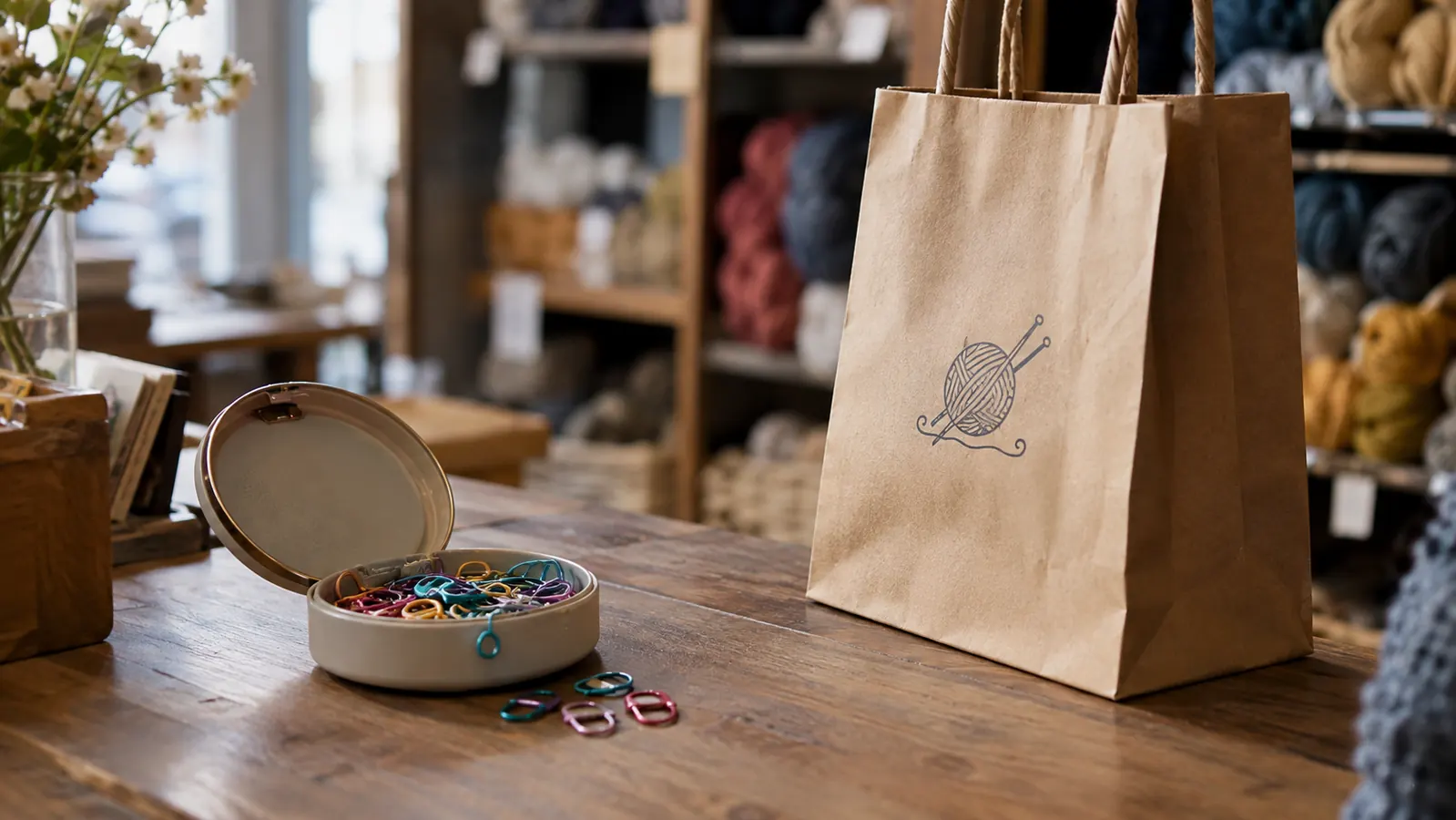 An open round case of stitch markers on a yarn shop counter next to a paper bag
